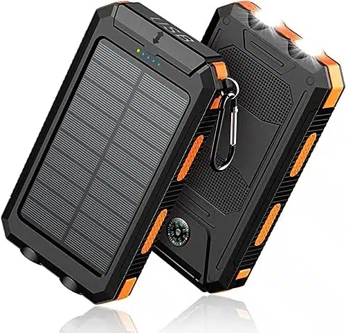 Feeke Solar Charger Power Bank   mAh Portable Charger,QCFast Charger Dual USB Port Built in Led Flashlight and Compass for All Cell Phone and Electronic Devices(Deep Orange)