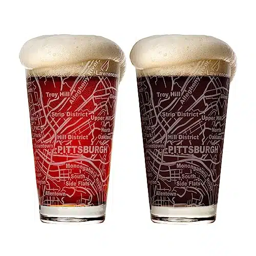 Greenline Goods Beer Glasses   oz Drinkware Set for Pittsburgh lovers   Set of   Etched with Pittsburgh, PA Map   Premium Decorative Glassware