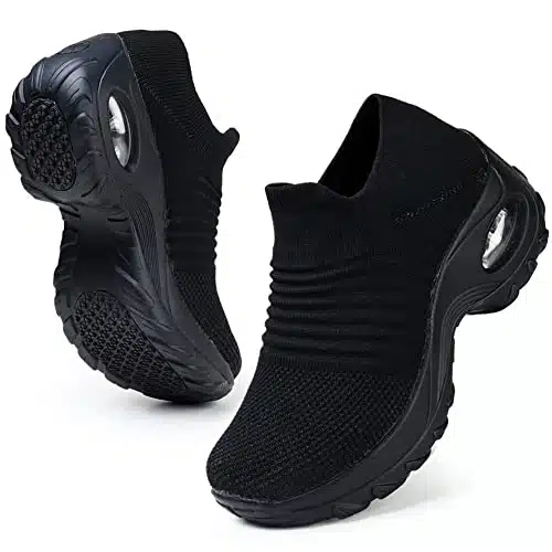 HKR Womens Walking Shoes Slip On Light Weight Mesh Platform Nursing Shoes Air Cushion Sneakers All Black (EU )