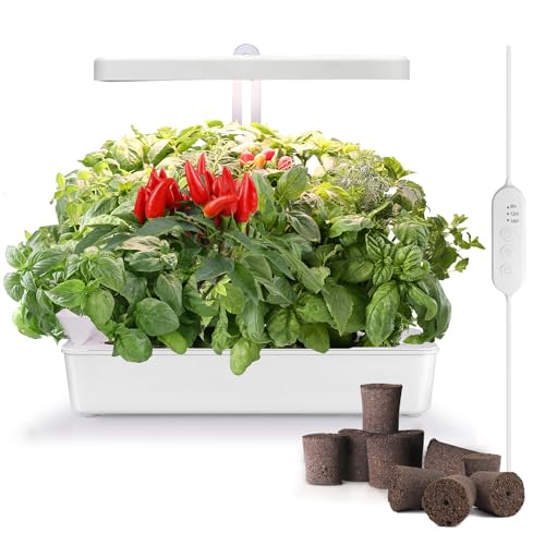 J&C Indoor Garden, Herb Kitchen Garden with LED Grow Light, Height Adjustable, Smart Timer Plant Light (Advanced Version, White)