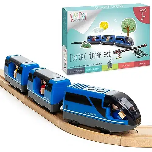 KipiPol Battery Operated Action Locomotive Toy Train Set for Wooden Train Tracks, (Magnetic Connection)  Powerful Engine   Compatible with Thomas The Train Toys, Brio Train Set for Toddlers and Up