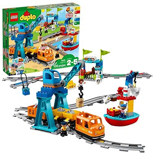 LEGO DUPLO Town Cargo Train Set with Sound & Light, Direction & Stop Action Bricks, Push & Go Motor and Moving Crane Toy, Gifts for Year Old Kids, Boys & Girls