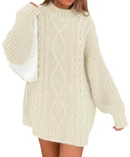 LILLUSORY Women's Crewneck Oversized Sweater Dress Trendy Fall Cable Knit Long Sleeve Chunky Dresses Pullover Tops Apricot
