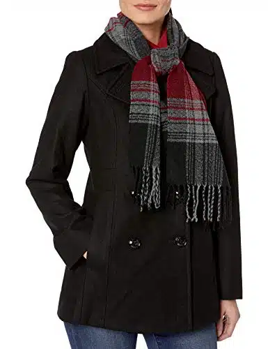 LONDON FOG womens Double Breasted Peacoat With Scarf Pea Coat, Black, Large US