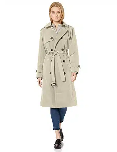 London Fog Women's Double Breasted Length Belted Trench Coat, Stone, XL Extra Large