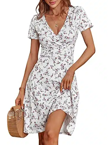 MSBASIC Spring Dresses for Women Elegant Short Sleeve Knee Length Floral Dresses(White Floral,XL)