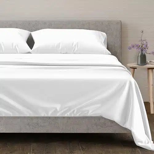 Mayfair Linen TC Egyptian Cotton Sheets Queen Size   Luxury Cooling Bedsheets for Hot Sleepers   Breathable, Sateen Weave, Deep Pocket Fitted   Piece Egyptian Hotel Sheets for Queen Bed (White)
