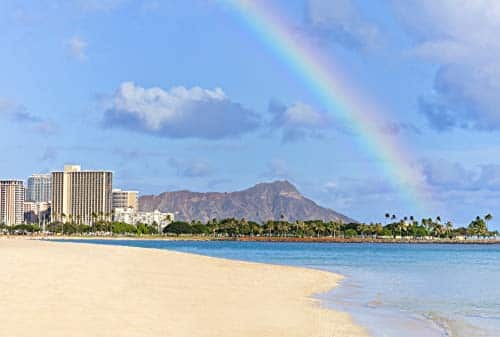 Posterazzi DPILARGE View of Waikiki Diamond Head Crater at Ala Moana Beach Park with A Rainbow Overhead Honolulu, Oahu, Hawaii, United States of America Photo Print, x , Multi