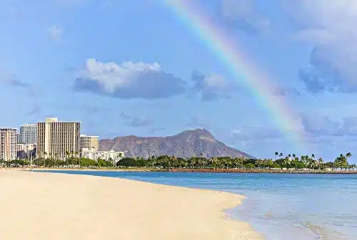 Posterazzi DPILARGE View of Waikiki Diamond Head Crater at Ala Moana Beach Park with A Rainbow Overhead Honolulu, Oahu, Hawaii, United States of America Photo Print, x , Multi