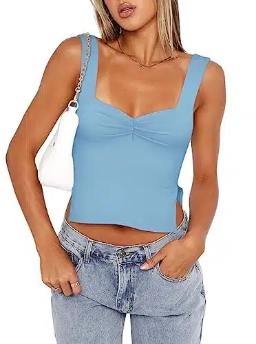 REORIA Women Summer Tops Sexy Ruched Sweetheart Neck Sleeveless Backless Side Split Tank Tops Going Out YK Trendy Cropped Tank Tops Pluse Size Sky Blue Medium