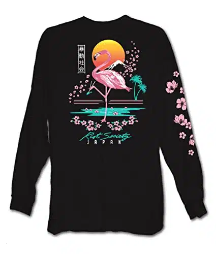 Riot Society Flamingo Blossom Mens Long Sleeve T Shirt   Black, X Large