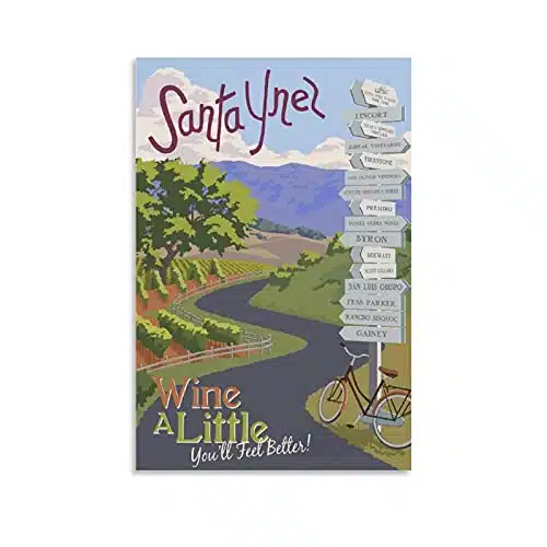 Santa Ynez California Vintage Travel Posters Street Sign Bicycle Trail Vineyard Canvas Wall Art,Wall Decor Posters Prints Paintings Room Decor Home Decor for Livingroom Bedroom Office xinch(x