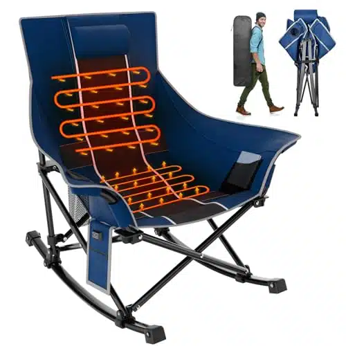 Suteck Oversized Heated Camping Chair, XL Rocking Camping Chair with Heat Levels for Back and Seat, Portable Folding Heated Chairs Outdoor Sports for Patio Lawn Outdoor Picnic Travel, Blue&Black