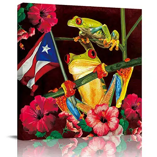 T&H XHome Wall Art Oil Paintings on Canvas Print Frog in Flower Puerto Rico Flag Office Artwork Home Decoration Living Room Bedroom Bathroom Giclee Walls Decor,Wooden Framed Ready to Hang xin