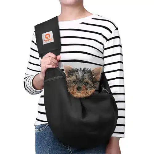 TOMKAS Small Dog Sling Carrier   Adjust. Strap & Zip Pocket   Suitable for Puppies (Black)