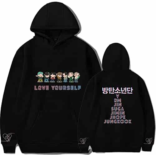 Teiniuby Bangtan Boys Hoodie Love Yourself Sweatshirt K pop Pullover Jungkook Jimin V Suga Rap Monster Lightweight Jacket Sweater (Black ,Large)