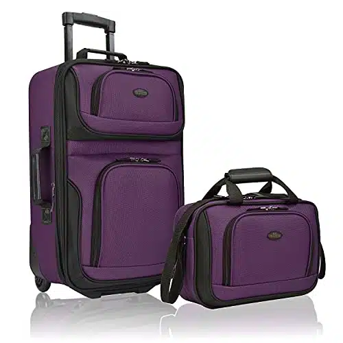 U.S. Traveler Rio Rugged Fabric Expandable Carry on Luggage, heel Rolling Suitcase, Purple, Set