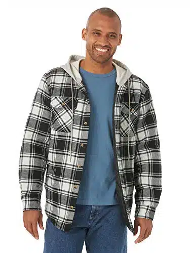 Wrangler Authentics Men's Long Sleeve Quilted Lined Flannel Shirt Jacket with Hood, Black Off_White, Medium