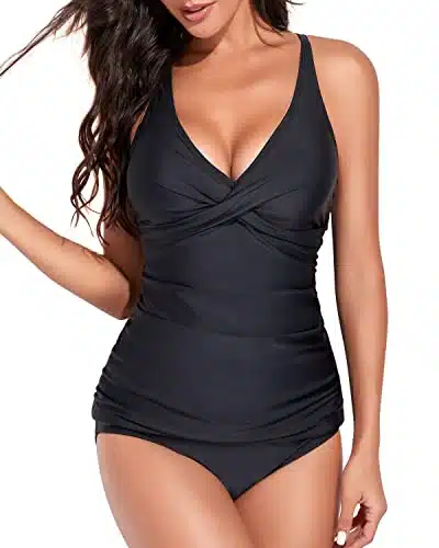 Yonique Tankini Swimsuits for Women Tummy Control Bathing Suits Two Piece Tankini Tops with Bikini Bottoms Plus Size Swimwear Black L
