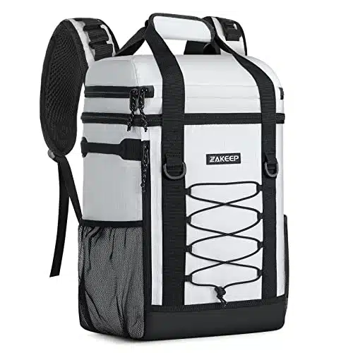 ZAKEEP Cooler Backpack, Cans Multifunctional Leakproof Cooler Backpack with Padded Top Handle, Mesh Pocket for Camping BBQ (White)