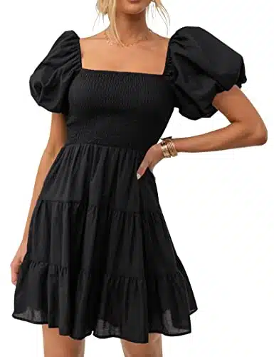 ZESICA Women's Boho Summer Square Neck Puff Sleeve Off Shoulder Smocked Tiered Casual A Line Short Mini Dress,Black,Small