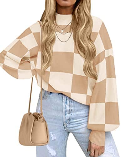 ZESICA Women's Fall Fashion Turtleneck Long Sleeve Striped Ribbed Knit Loose Pullover Sweater Tops,KhakiPlaid,Medium
