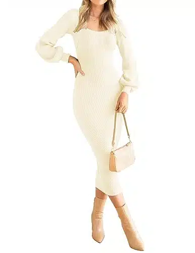 ZESICA Women's Square Neck Sweater Dress Puff Long Sleeve Slim Fit Bodycon Fall Winter Ribbed Knit Dresss,Ivory,Small