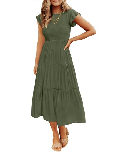 ZESICA Women's Summer Casual Flutter Short Sleeve Crew Neck Smocked Elastic Waist Tiered Midi Dress,ArmyGreen,Medium