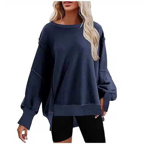 friday black deals for teen girls Womens Oversized Casual Slit YK Pullover Top Crewneck Long Sleeve Corded Sweatshirts Fall Outfits inter Clothes yellow sweatshirt Navy L