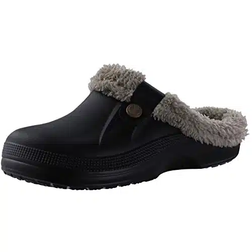 shevalues Fur Lined Clogs for Women Men Winter Waterproof Outdoor Slippers Garden Shoes, Black and Khaki Women