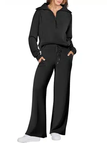 ANRABESS Women Piece Outfits Sweatsuit Set Fall Trendy Oversized Quarter Half Zip Sweatshirt Wide Leg Sweatpant Lounge Matching Sweat Set Athletic Tracksuit Travel Clothes heise M