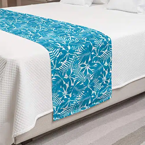 Ambesonne Aqua Bed Runner, Tropical Tree Leaves Pattern Hawaiian Nature and Vegetation Foliage in Blue and White, Decorative Accent Bedding Scarf for Hotels Homes and Guestroo