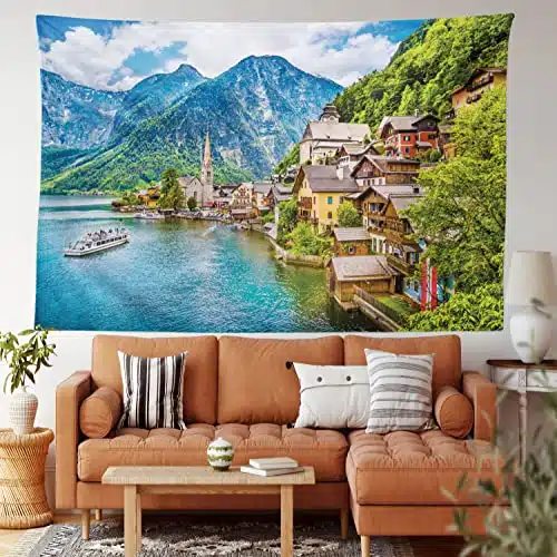 Ambesonne Wanderlust Tapestry, Hallstatt Mountain Village Lake Hallstatt in The Austrian Alps Countryside, Wide Wall Hanging for Bedroom Living Room Dorm, X , Blue Green