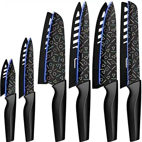 Astercook Knife Set, Pcs Colorful Geometric Pattern Kitchen Knife Set, Stainless Steel Kitchen Knives with Blade Guards, Dishwasher Safe, Black