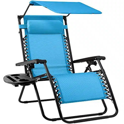 Best Choice Products Folding Zero Gravity Outdoor Recliner Patio Lounge Chair wAdjustable Canopy Shade, Headrest, Side Accessory Tray, Textilene Mesh   Light Blue