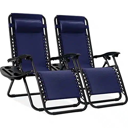 Best Choice Products Set of Adjustable Steel Mesh Zero Gravity Lounge Chair Recliners wPillows and Cup Holder Trays, Navy Blue