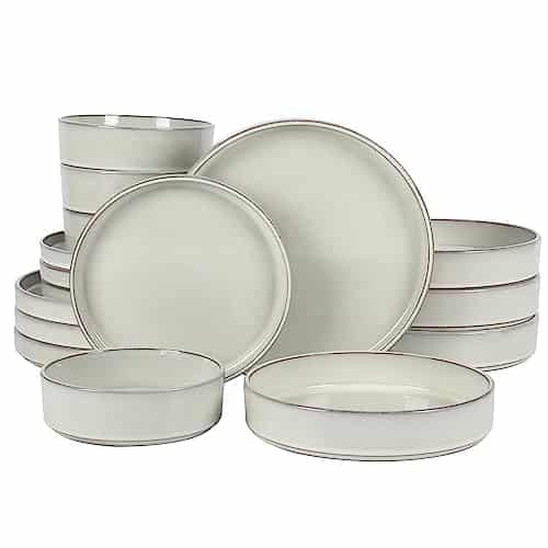 Bloomhouse   Oprah's Favorite Things   Santorini Mist Double Bowl Terracotta Reactive Glaze Plates and Bowls Dinnerware Set   Moonstone White, Service for Four (pcs)