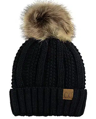 C.C Thick Cable Knit Faux Fuzzy Fur Pom Fleece Lined Skull Cap Cuff Beanie, Black