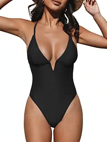 CUPSHE Women Swimsuit One Piece Bathing Suit Deep V Neck Crisscross Back Adjustable Strap Black L