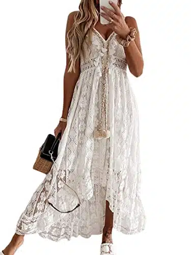 CUPSHE Womens Summer Slip Boho Maxi Dress Lace Up Tassel V Neck Flare Ruffle Beach Dresses White Medium