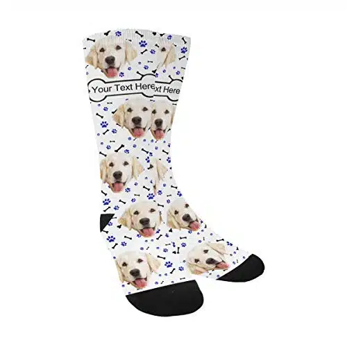 Custom Socks with Faces Text Name for Christmas Decor, Personalized Photo Pet Face Printed Cat and Dog Tracks Paws Bones White Crew Socks for Men Women Unisex