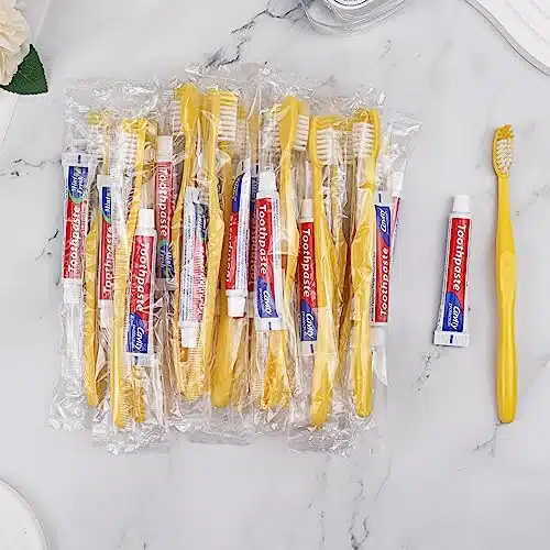 Disposable Toothbrushes with Toothpaste Pack of , Yellow Hollow Toothbrush with g Toothpaste Individually Wrapped Disposable Travel Toothbrushes Kit in Bulk for Homeless,Airbn