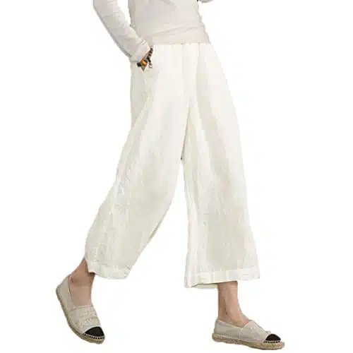 ECUPPER Womens Casual Loose Elastic Waist Cotton Trouser Cropped Wide Leg Pants White XL