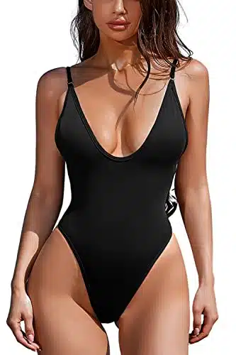 ESONLAR Women's Sexy Plunging V Neck Bathing Suit Open Back One Piece Swimsuits Black S