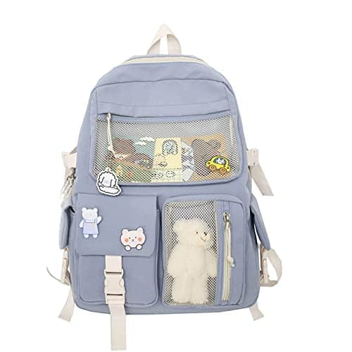 Eagerrich Kawaii Backpack with Cute Pin Accessories Plush Pendant for School Bag Student Girl Backpack Super Capacity Waterproof Travel Backpack(Blue)