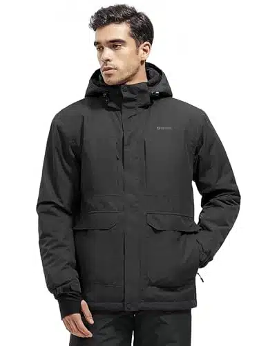 FREE SOLDIER Men's Waterproof Ski Jacket Fleece Lined Warm Winter Snow Coat with Hood Fully Taped Seams(Black,M)