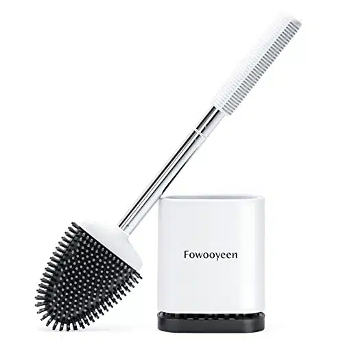 Fowooyeen Toilet Brush and Holder Set, Silicone Toilet Bowl Brush with Stainless Steel Handle, Toilet Cleaning Brush with Ventilated Drying Holder White