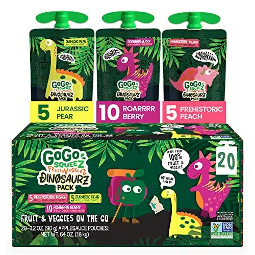 GoGo squeeZ Fruit & veggieZ Variety Pack, Jurassic Pear, Roarrrr Berry & Prehistoric Peach, oz (Pack of ), Unsweetened Snacks for Kids, No Gluten, Nut & Dairy, Recloseable Cap, BPA Free Pouches