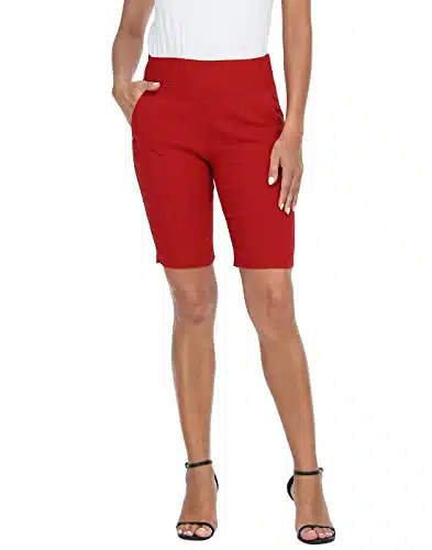 HDE Pull On Bermuda Shorts for Women Mid Rise Inseam Shorts with Pockets Red   L