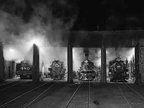 Historic Pictoric Durango, CO   Photo     Black and White Image of steam locomotives in The Roundhouse of The Durango & Silverton Narrow Gauge Scenic Railroad in Durango, Colordo.   Carol Highsmith